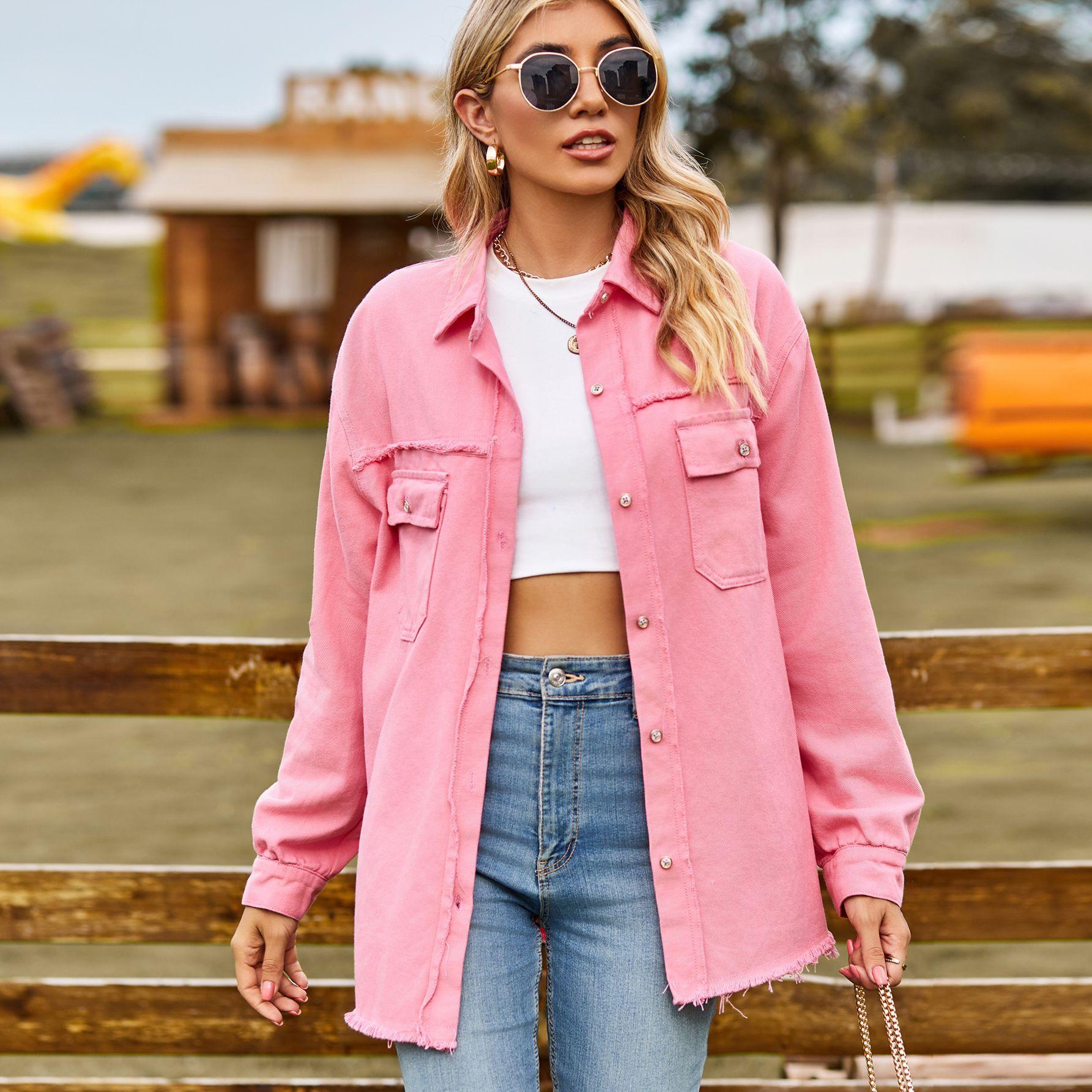 

YYFS женская модная джинсовая осенне-зимняя повседневная куртка-поло с длинными рукавами и воротником с лацканами S розовый