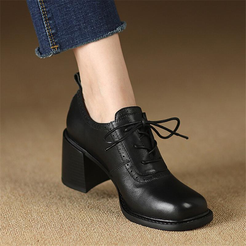 Fashion New Spring Genuine Leather Women Shoes Square Toe Women Pumps Shoes for Women High Heel Chunky Heel Shoes Zapatos Mujer Loafers
