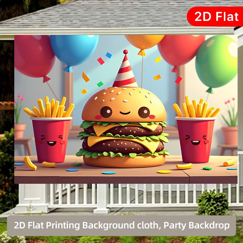 2D Flat Happy Burger Party Indoor and Outdoor Party Banner Suitable for Birthday Wedding Ball Party Polyester