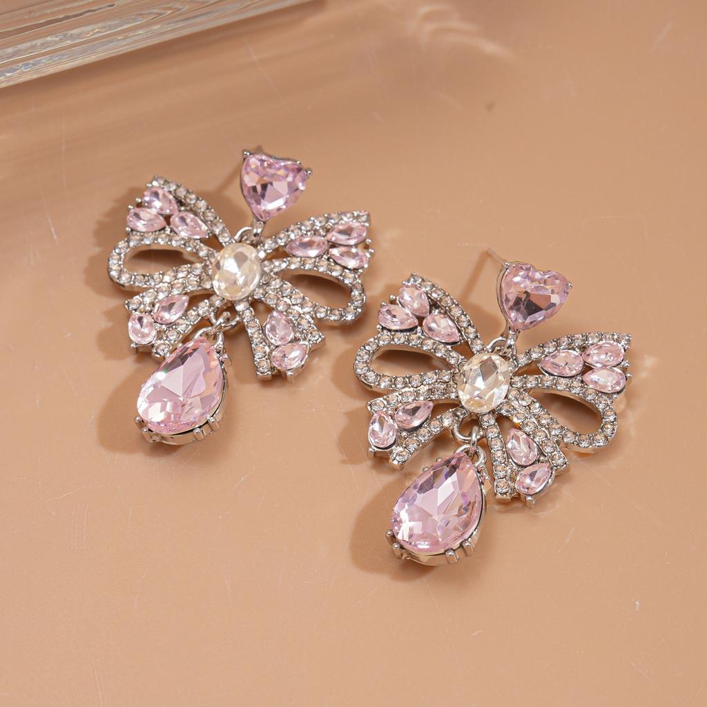 Eingelegter Strass Schleife Wassertropfen Fransen Ohrring für Damen Leichter Luxus High-End Hängeohrringe Süße Mode Zirkon Großhandel