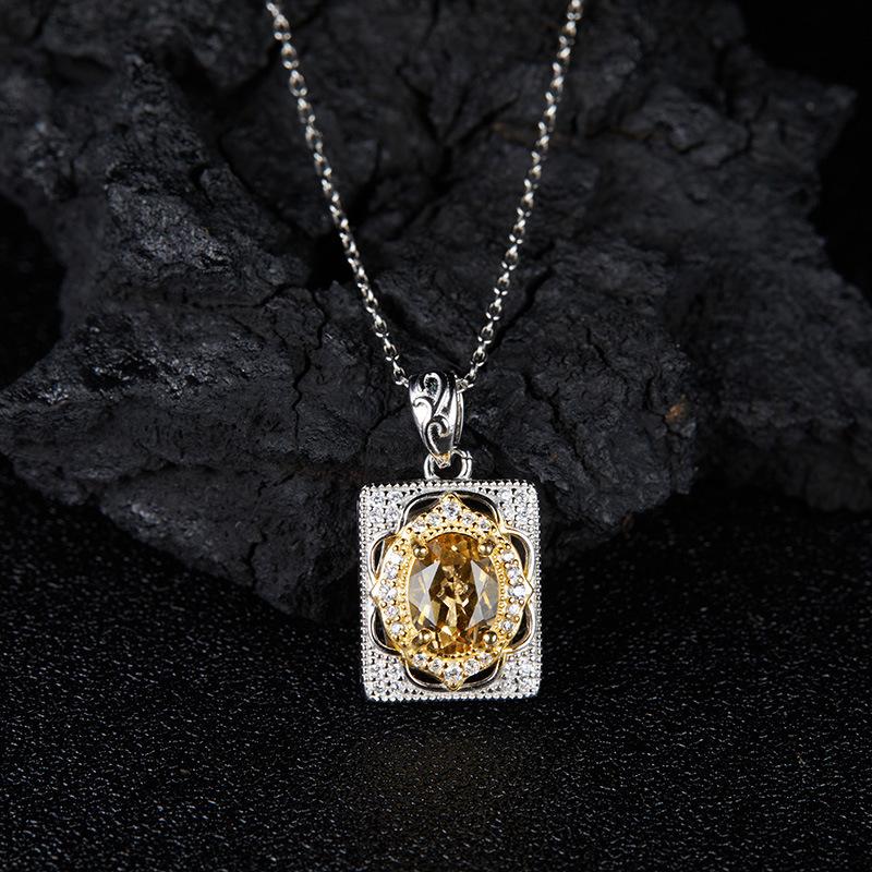 S925 Sterling Silver Inlaid With Natural Topaz Citrine Garnet Colored Treasure Necklace Women'S Simple Retro High-End Pendant