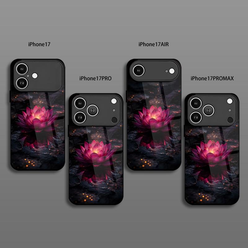 2D Night Lotus Pattern Phone Case for iPhone 17 16 15 14 13 12 11 X XR XS Max Pro 8 plus - Transparent Glass Protective Cover