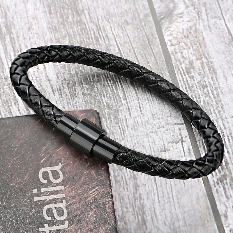 Men's Genuine Leather Woven Bracelet with Black Magnetic Buckle