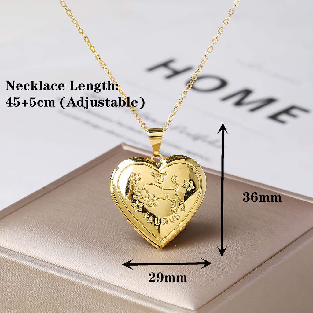 12 Zodiac Signs Openable Photo Frame Heart Locket Necklace for Women Gold Plated Astrology Horoscope Photo Pendant Jewelry Gift