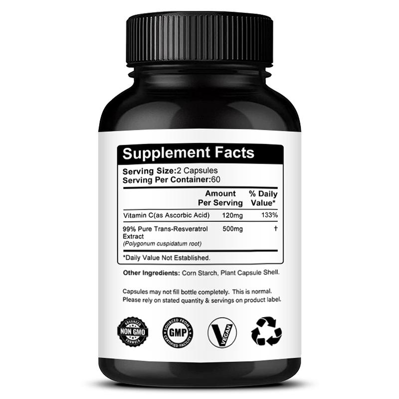 Vitamin C 120 mg, 99% reiner Trans-Resveratrol-Extrakt 500 mg, 120 Kapseln pro Flasche