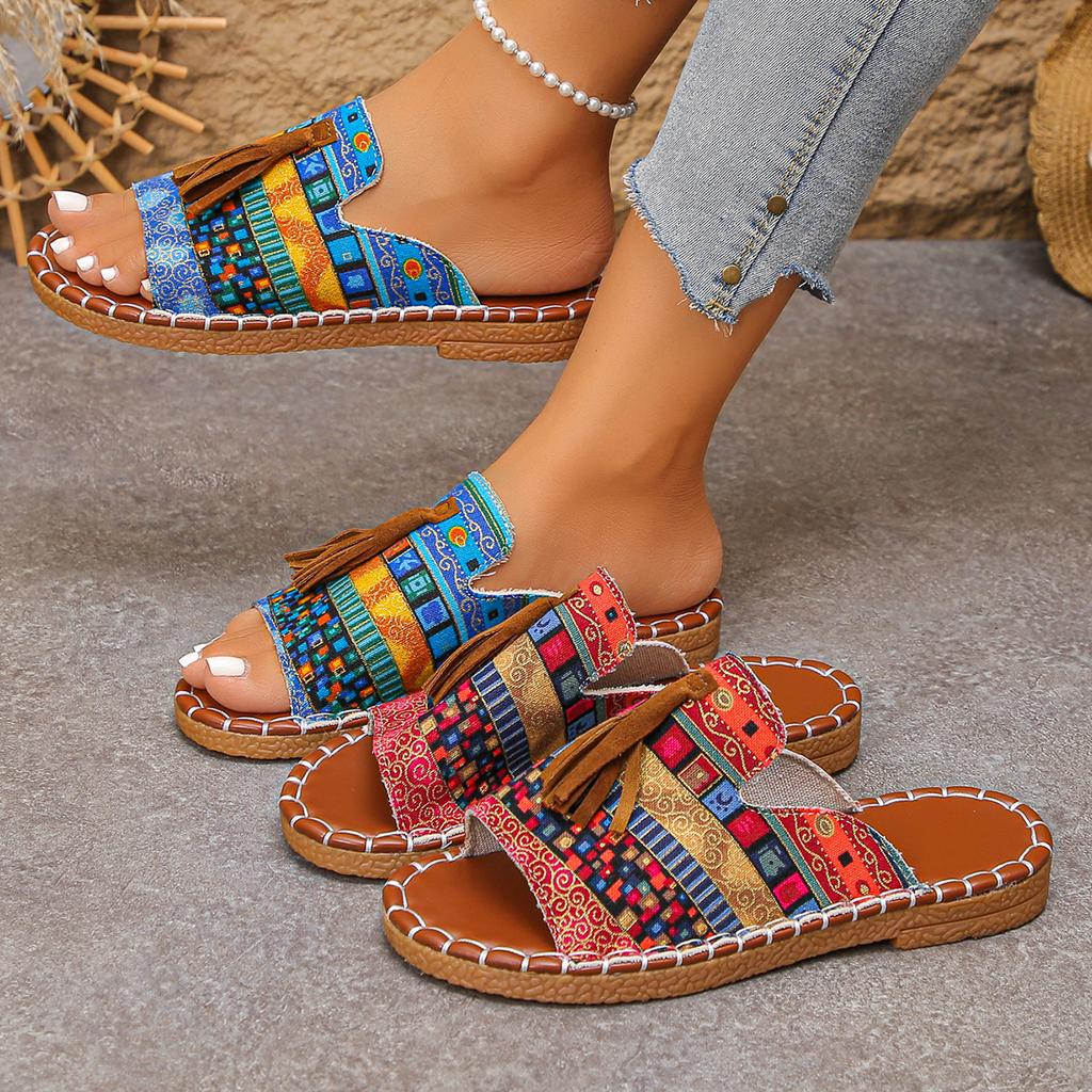Damen Hausschuhe Mode Fransen Outdoor Flache Schuhe Damen 2025 Neu Lässig Strandurlaub Hausschuhe Zehensandalen Pantoletten Damen