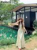 French Vacation Style Off-Shoulder Floral Sundress for Women Summer Ruched Slimming A-Line Dress Romantic Strap Maxi Dress
