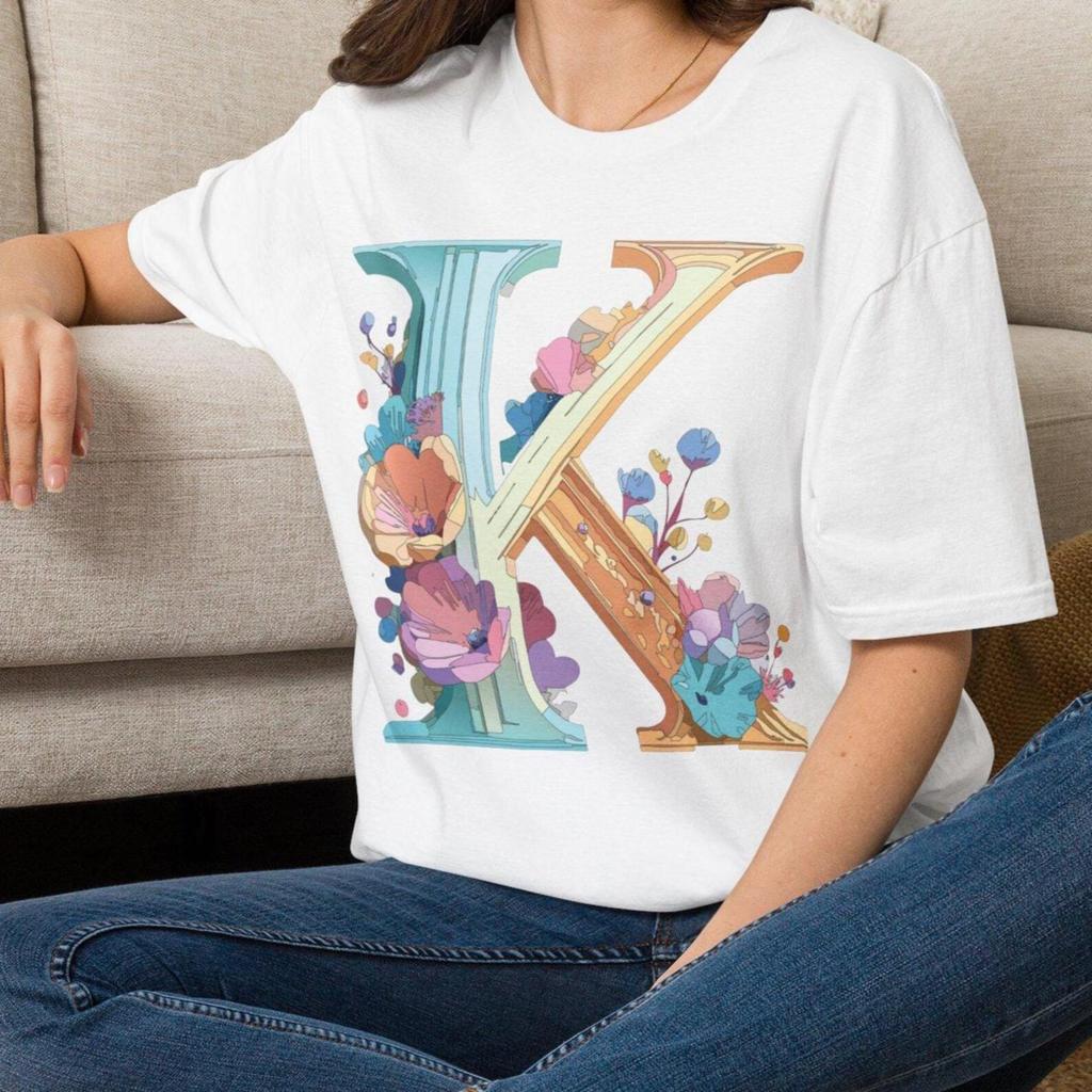 Floral Letter K T-Shirt | Initial Monogram Flowers Letter K Tee Gift for her Mom Grandma Family Friend Sister Crew Team Party Aunt