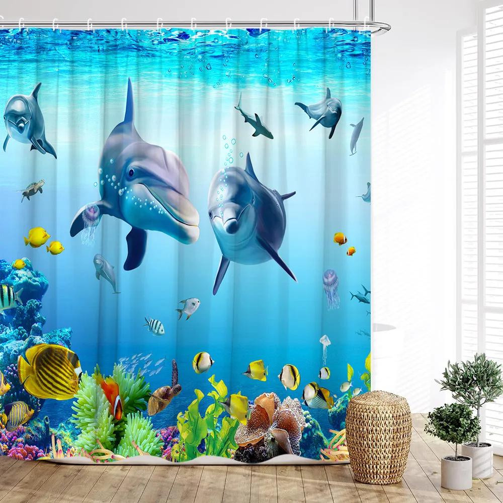 Ocean Animal Shower Curtain, Underwater Whale Coral Tropical Fish Wave Fish Blue Kids Boys Print Bathroom Decoration
