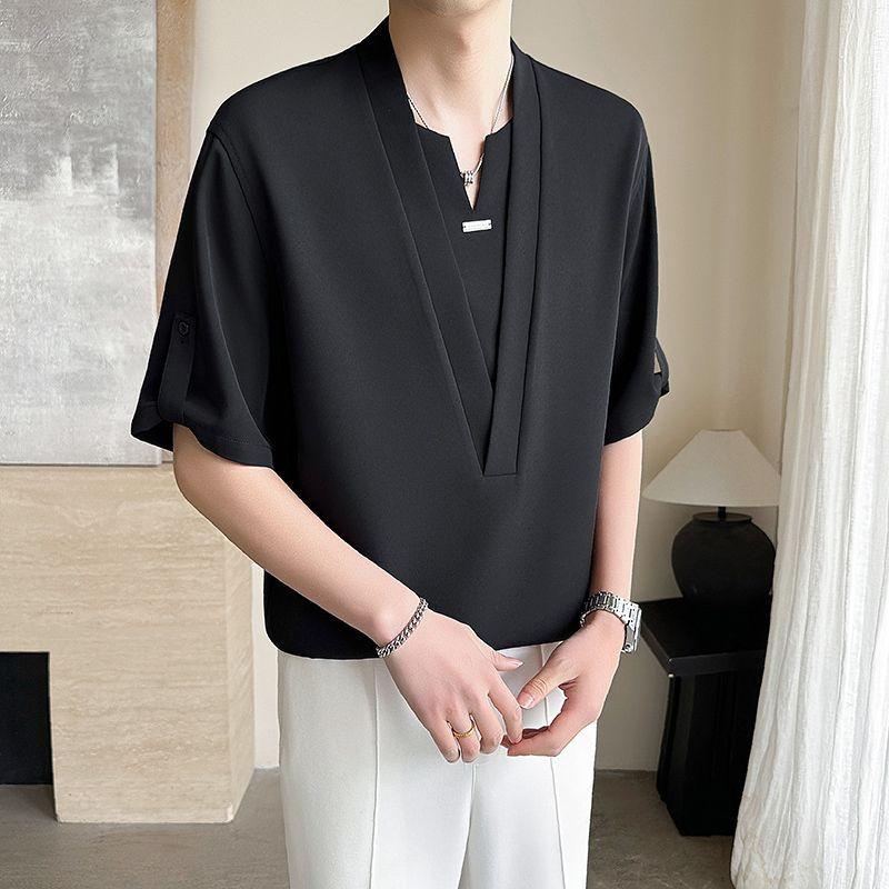 Fashionable V-Neck Spliced Shirts Men's Clothing Short Sleeve All-match Summer New Casual Solid Color Korean Daily Shirts