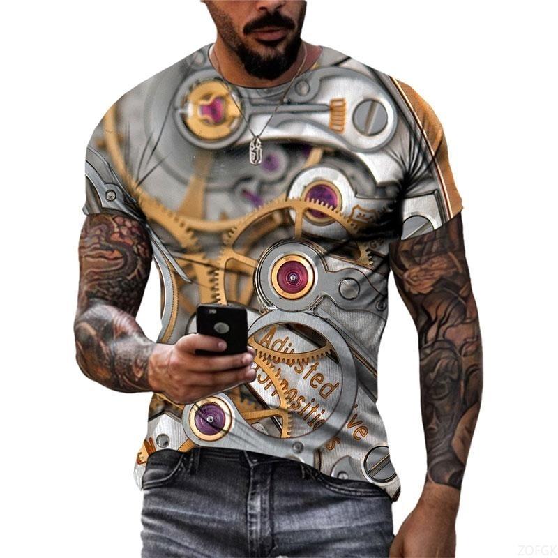 Summer Round Neck 3D Steampunk Gear Print Top Fashionable Casual Short Sleeved Men's T-shirts