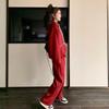 Women's Red Casual Sports Sweater & Wide-Leg Pants Set, 2024 Korean Style, Age-Reducing, Perfect for Spring/Autumn.