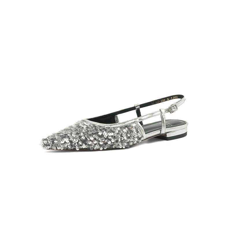 

Krazing Pot, тканевые туфли с блестками и острым носком на низком каблуке, летние блестящие туфли с открытой пяткой, женские туфли-лодочки европейского дизайна на мелкой подошве 34 серебряный
