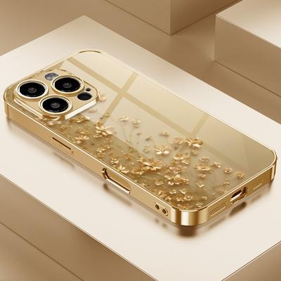 Elegante Fiore Dorato Vernice Metallica Oro Custodia in Vetro per Telefono Per iPhone 17 16 15 14 13 12 11 Pro Max 15 14 Plus 17 Air 16E Copertura