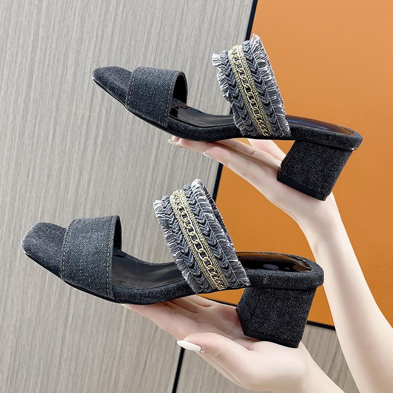 

Модные летние туфли на квадратном каблуке 5 см для улицы, туфли на каблуке, шлепанцы, синий деним, бахрома, летние мюли, летние сандалии, шлепанцы, размер 43 43 чёрный