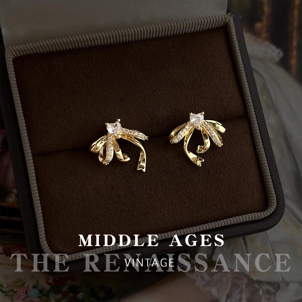 Three-dimensional streamer bow love zircon stud earrings elegant earrings