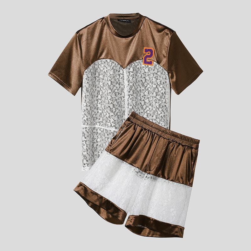 

INCERUN Two-pieces Men s Short Sleeve Lace Patchwork T-Shirts Mesh Shorts Outfits Sets 5XL коричневый