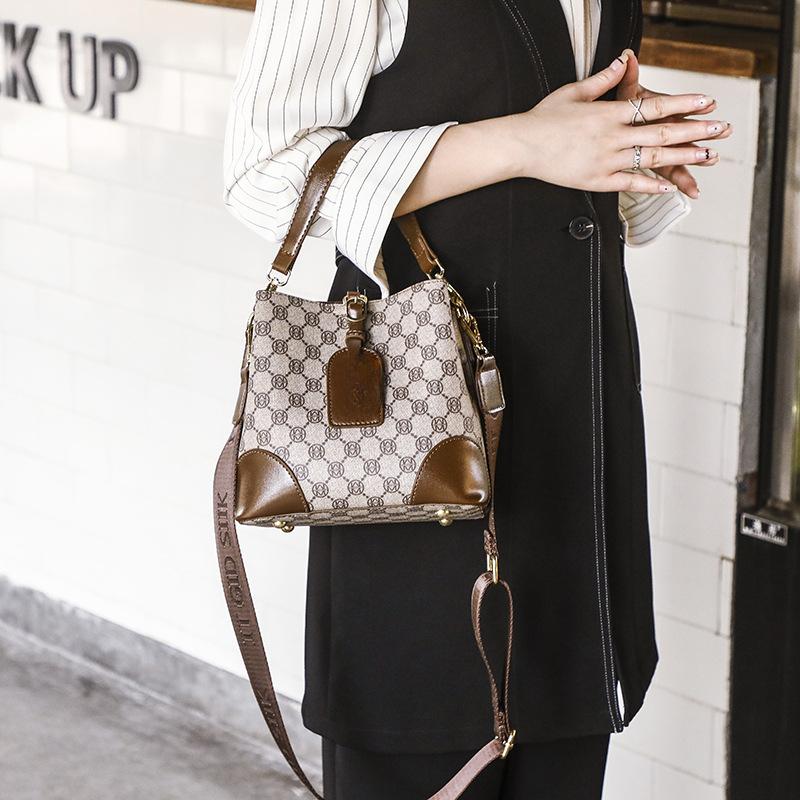 Geantă de mână cu imprimeu de tip găleată pentru femei, geantă de mână cu textură, geantă de umăr cu capacitate mare, tip găleată