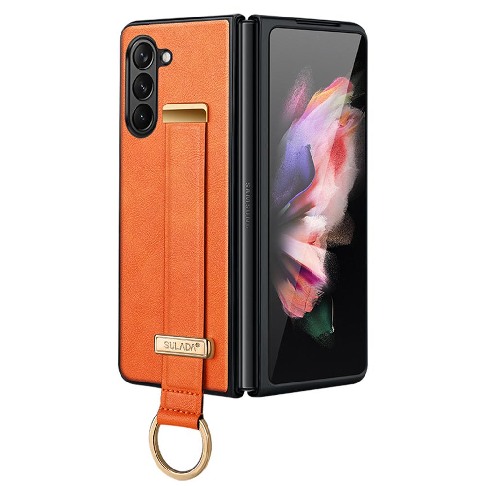 

SULADA Fashion Series for Samsung Galaxy Z Fold5 5G Wristband Kickstand Phone Case Leather Coated PC Cover Orange