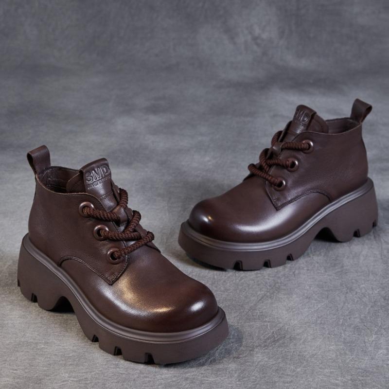 Genuine Leather High-top Platform Ankle Boots with Thick Soles Stylish Lace-up Design British Retro Style
