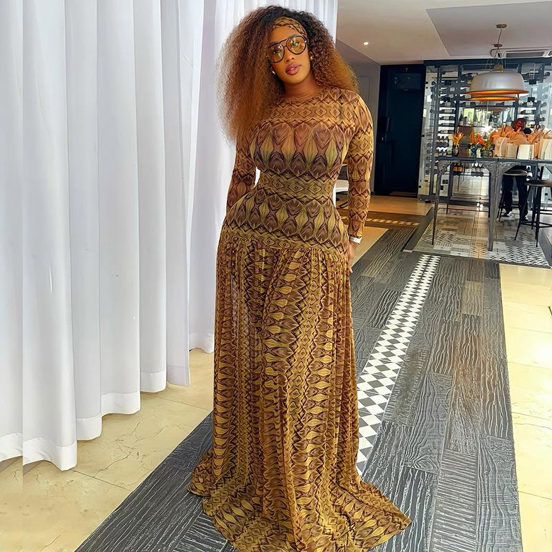 WX011428WMC Vintage Elegant Printed Maxi Dress Round Neck Long Sleeve Slim Waist Sheer A Line Dress African Evening Dress Wholesale Factory