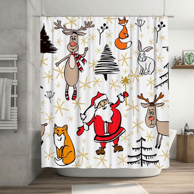 

TU Santa Claus Shower Curtain Christmas Holiday Festive Decor Reindeer Pattern Bathroom Fabric Waterproof Xmas Home Decoration 90x180cm35x71in