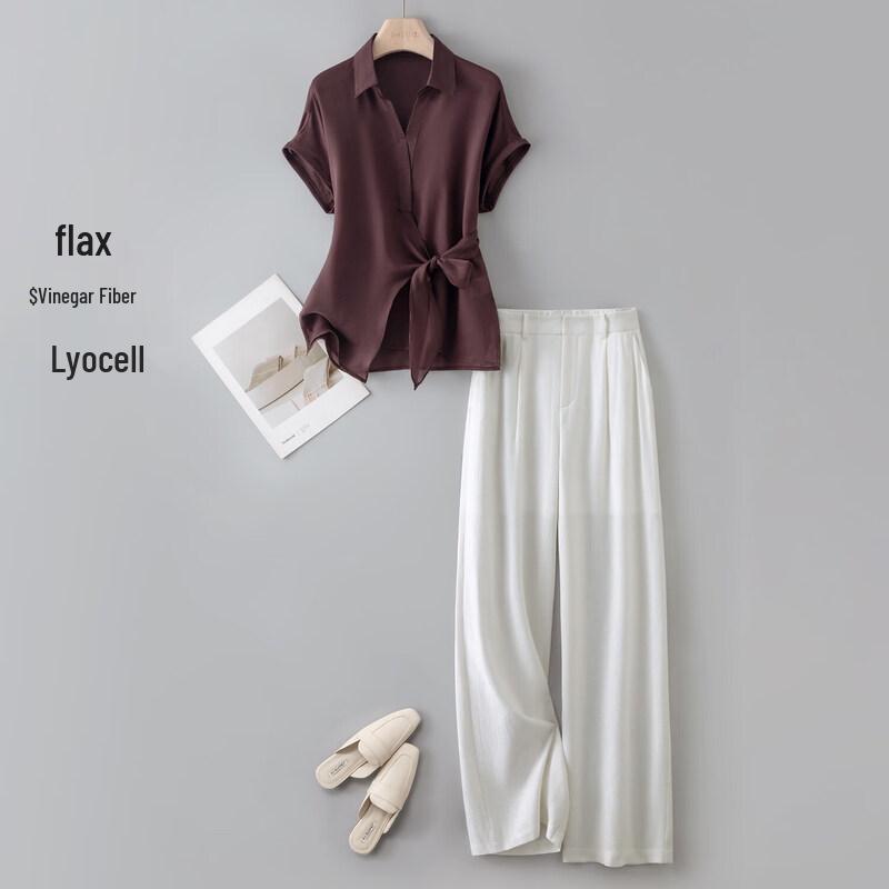 IHIMI Women s Lyocell Blend Tie-Waist Shirt & Straight Pants Set S