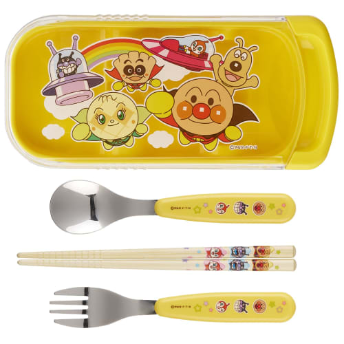 LEC Anpanman Antibacterial Slide 3-Piece Set (Fork, Spoon, Bamboo Chopsticks) Yellow/SIAA Antibacterial/Name Space Included/