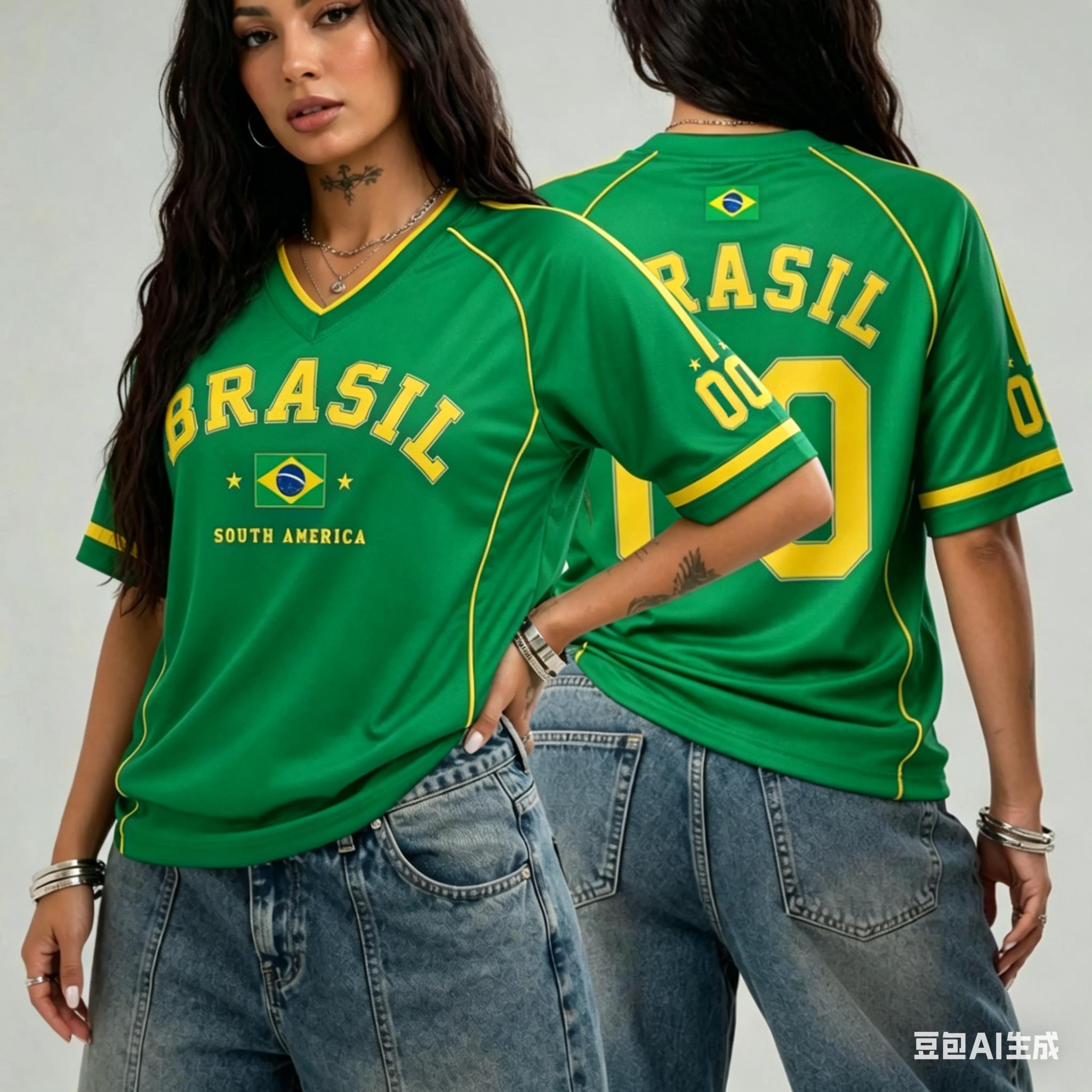 Lässige V-Ausschnitt T-Shirts Brasilien Nationalwappen Aufdruck Kurzarm T-Shirts Brasilien Fan Fußball Sport Trikot Kleidung XS grün
