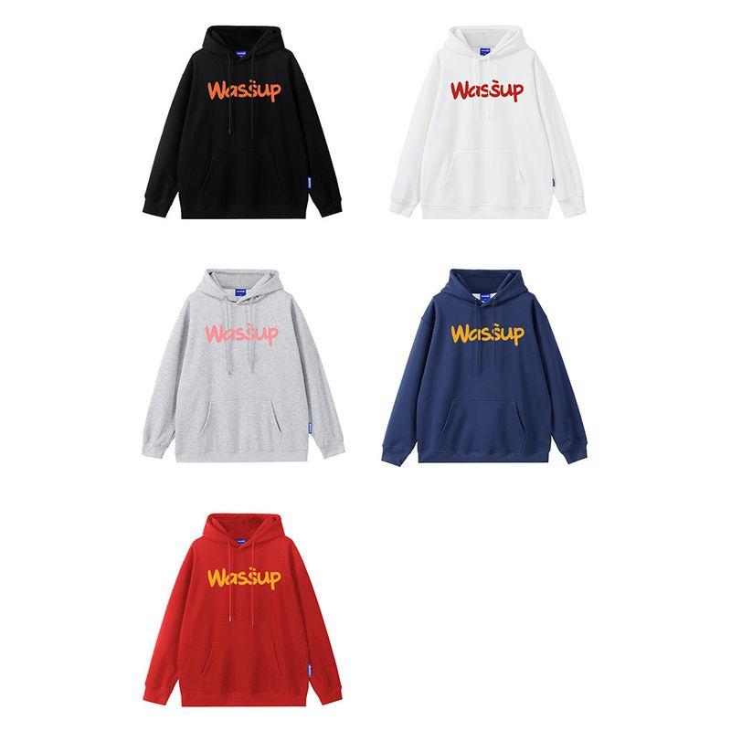 Wassup Trendy Brand Letter Sweatshirt for Men, Hooded, Loose, Casual, High Street Top, Jacket, Autumn and Winter, Fleece-Lined, Couple Style