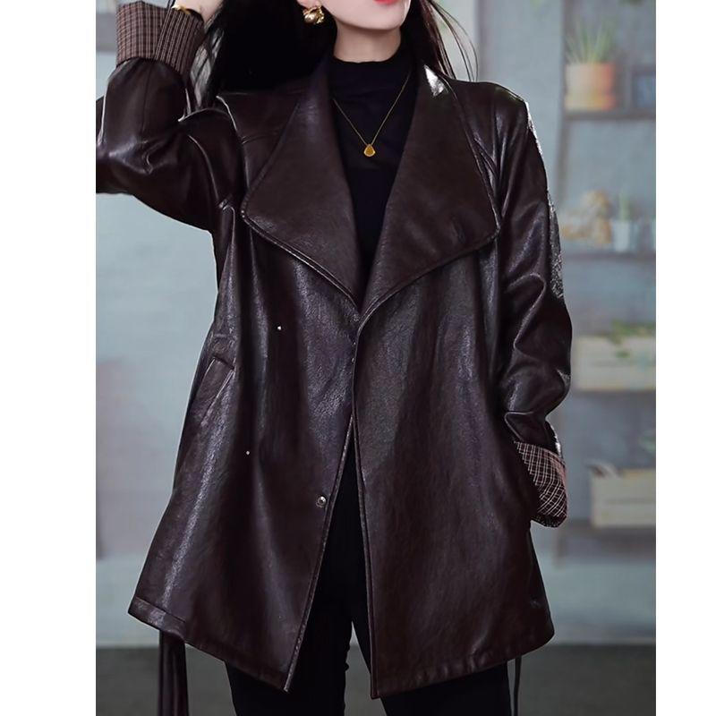 Autumn and Winter High-Quality Women's Leather Jacket Mid-Length Turn-Down Collar Soft PU Leather Coat Loose Fit Plus-Size Leather Jacket