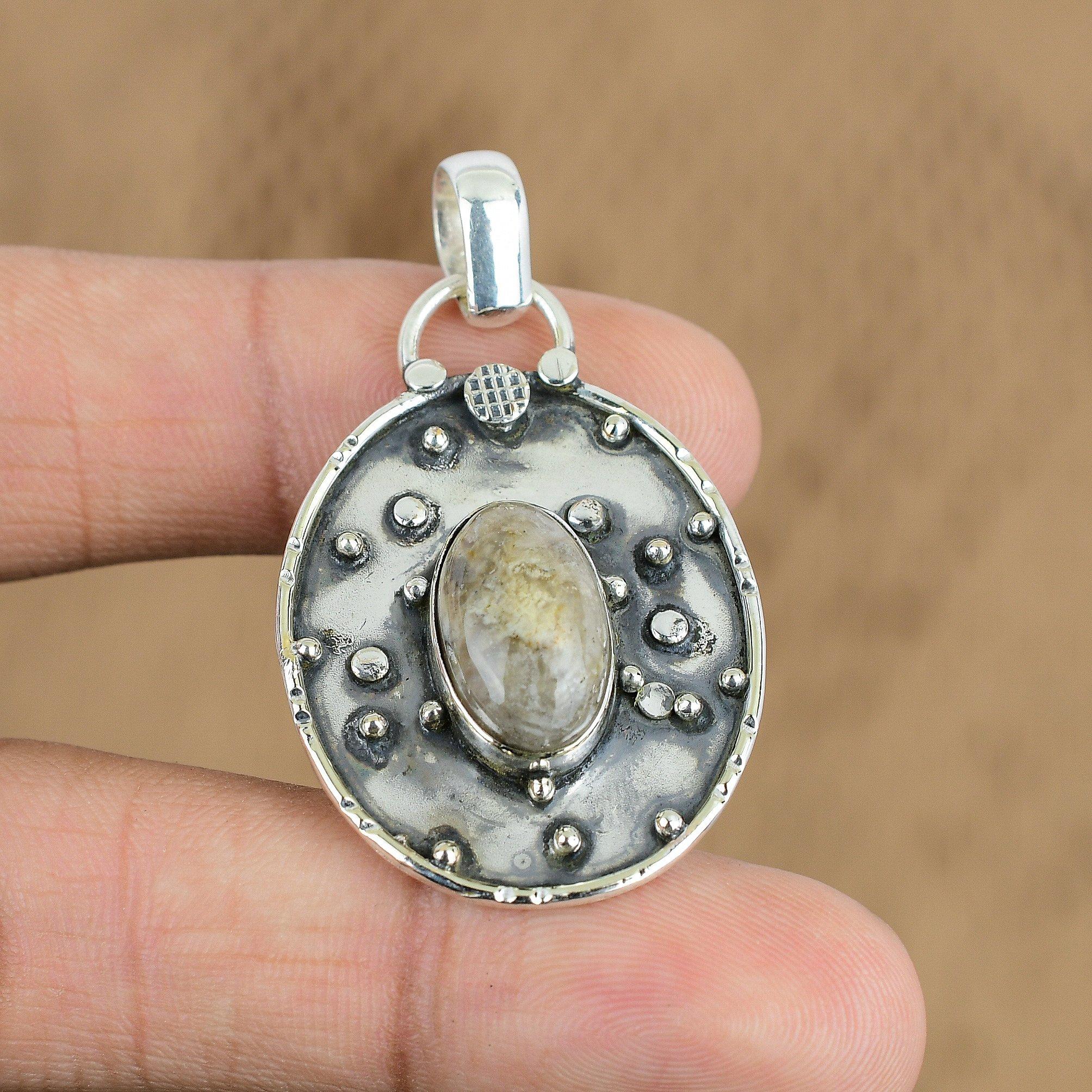 

925 Sterling Silver Oval Natural Plume Agate Wife Artisan Handmade New Pendant