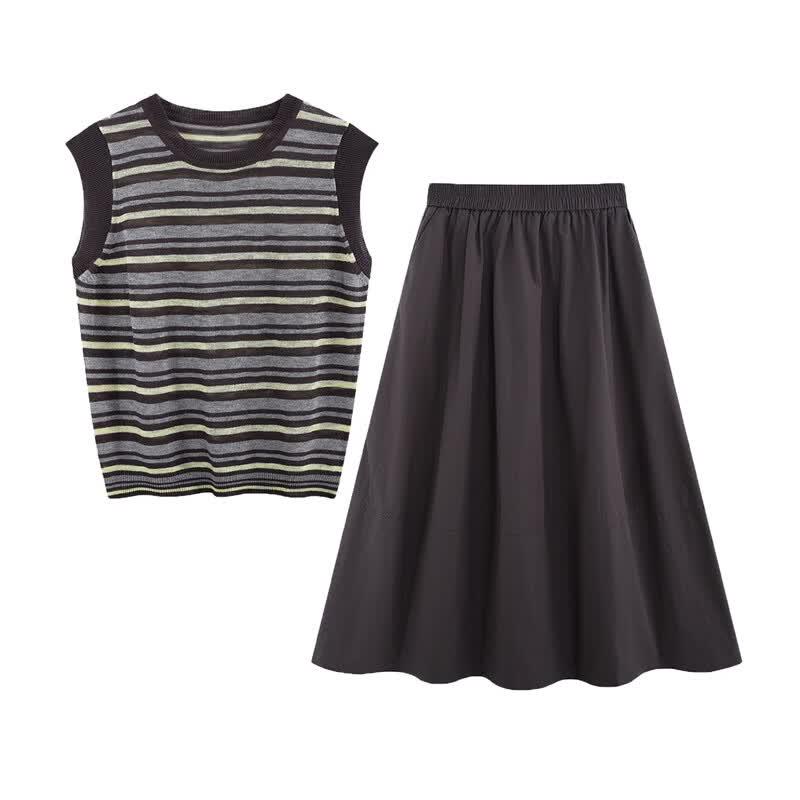 Women's Striped Sleeveless T-Shirt & A-Line Skirt Set