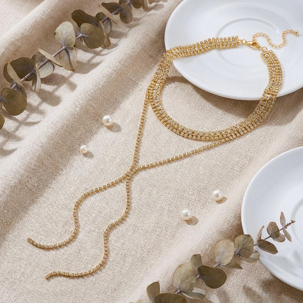 Y2K Bling Rhinestone Necklace for Women Long Tassel Aesthetic Gold Silver Color Sparkly Multilayered Chain Party Jewelry Gift
