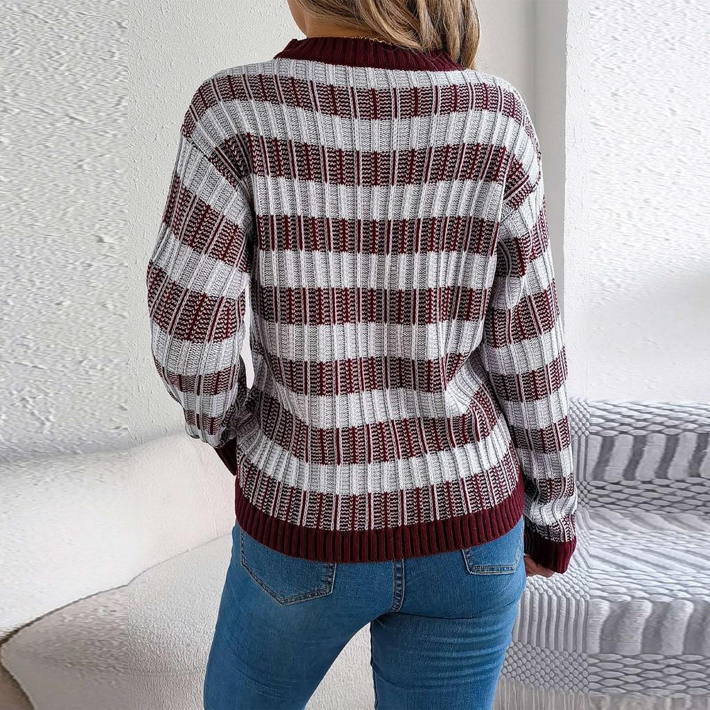 Women's Round Neck Vintage Striped  Long Sleeve Pullover Sweater