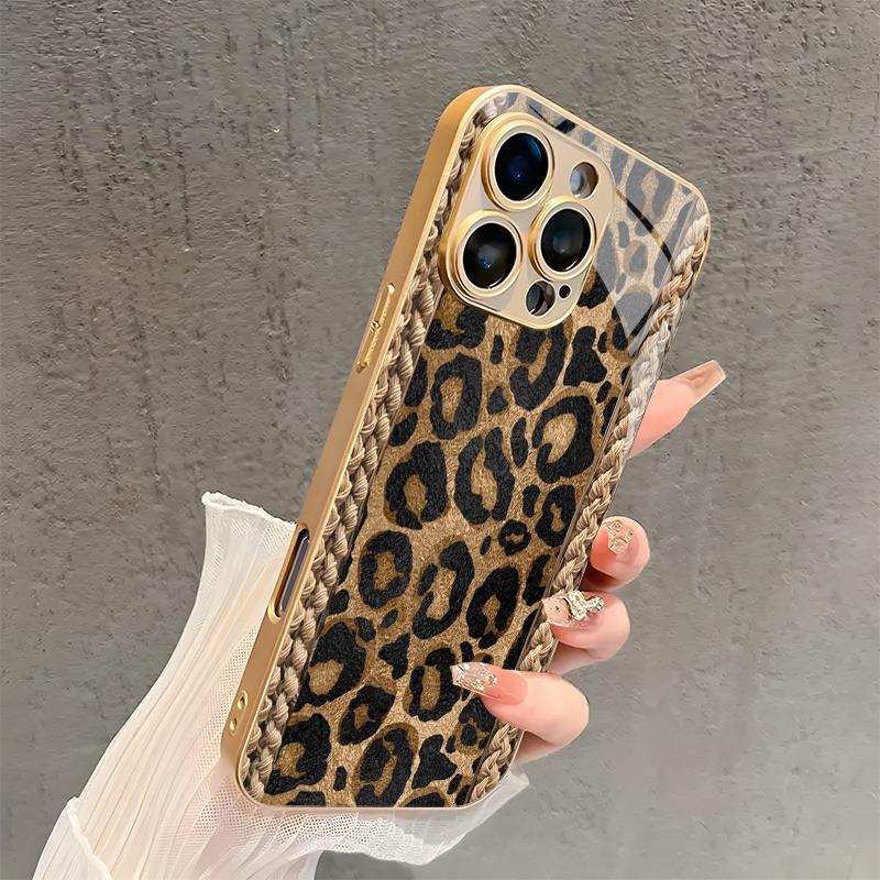 Stylish Retro Leopard Print Gold Metal Paint Glass Phone Case For iPhone 17 16 15 14 13 12 11 Pro Max 14 Plus 17 Air 16E Cover