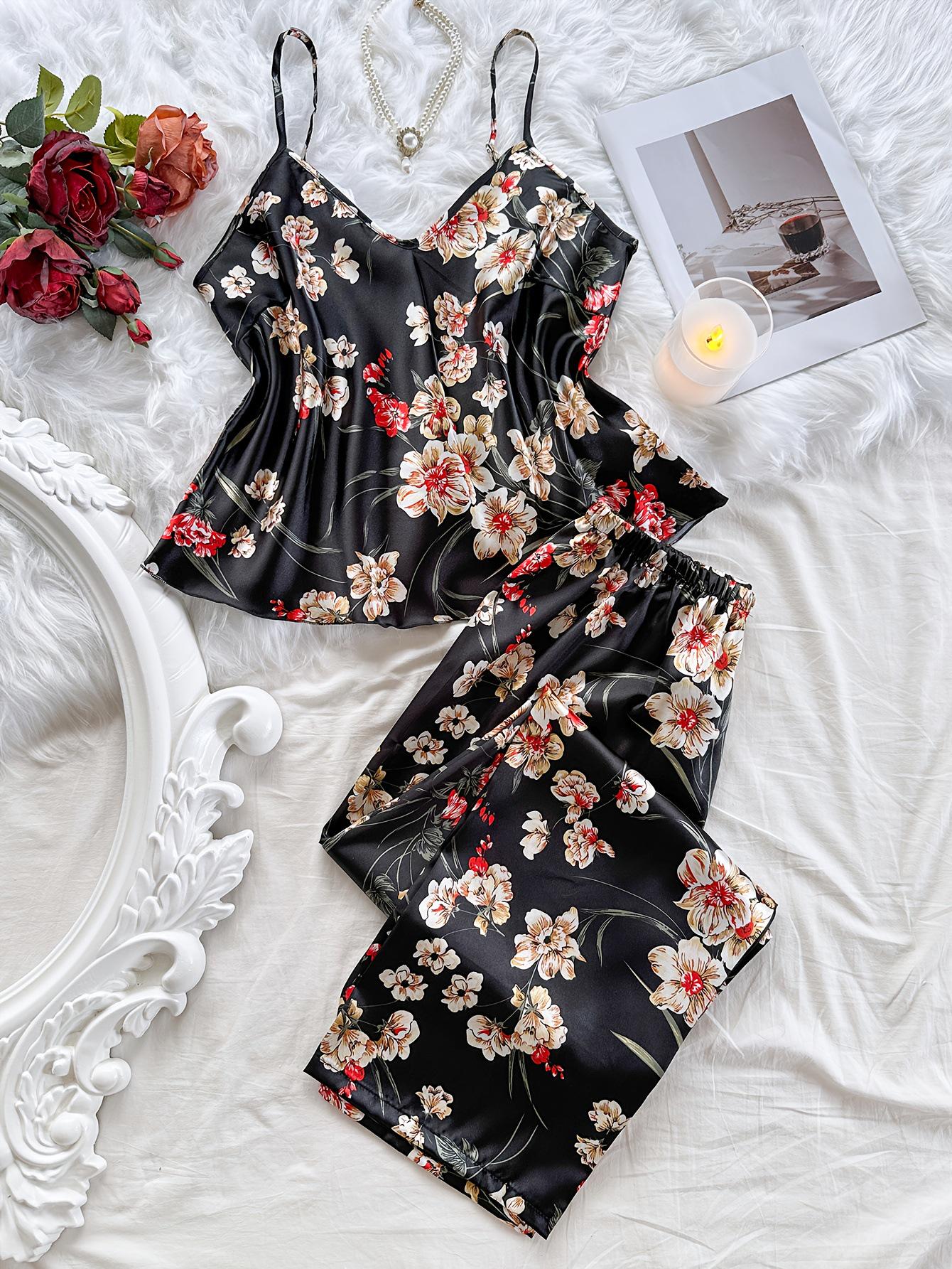 

Европейский и американский женский пижамный комплект из шелка с принтом: Платье-майка и длинные брюки XL