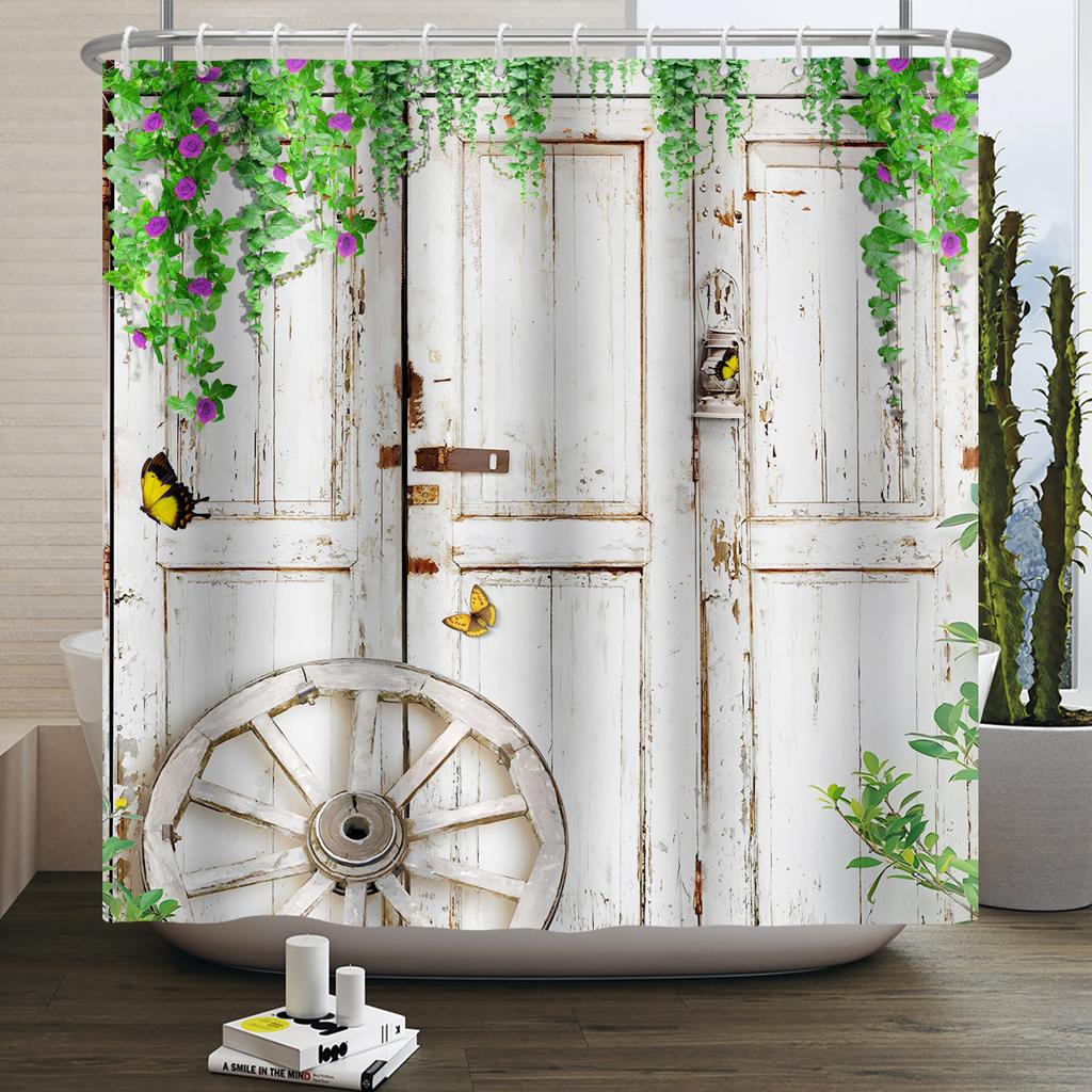 Retro Wood Door Shower Curtain Farmhouse Country Vintage Farm Barn Wooden Waterproof Polyester Shower Curtain for Bathroom Decor