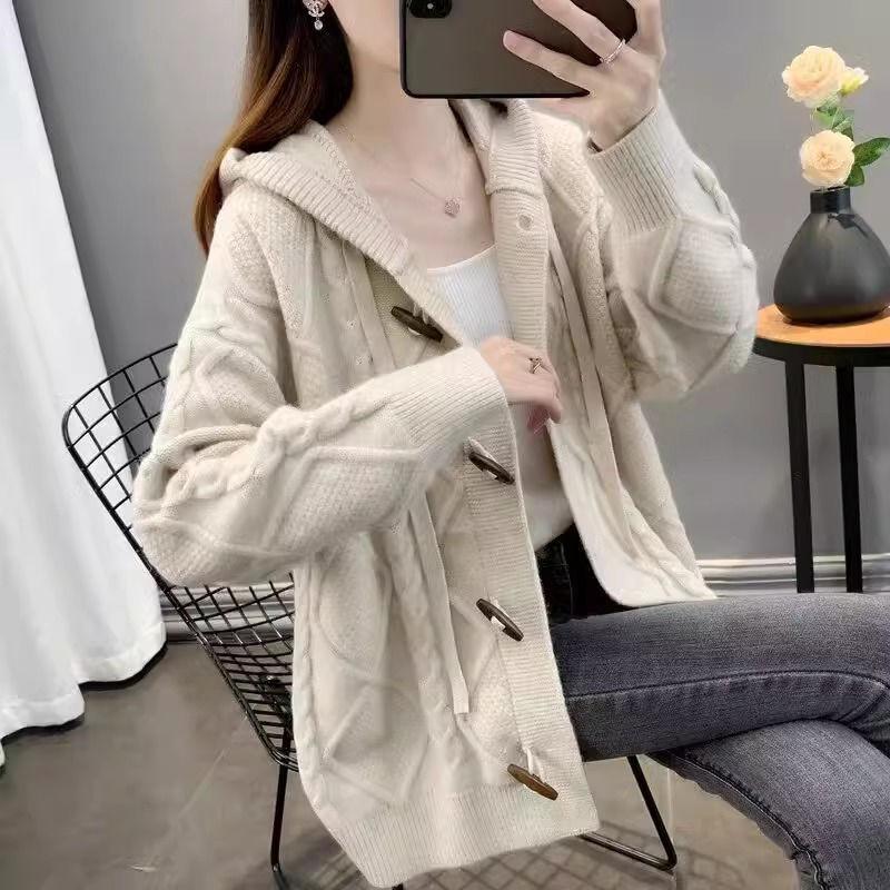 

Женский свитер-кардиган с капюшоном. Модный и популярный свободный вязаный кардиган для осени и зимы. 3XL абрикосовый