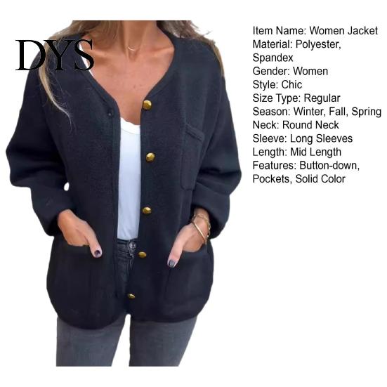 Round Neck Women Jacket Winter Single-breasted Cardigan Long Sleeves Outerwear with Pockets Warm Heat Retention OL Commuting Coat