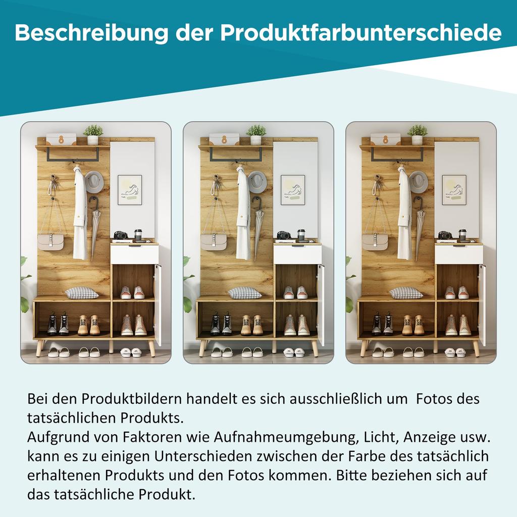 Set 190cm, Garderoben-Set Spiegel, Stylishe Schuhbank, Schuhschrank, Schublade, Regal, Kleiderhaken, Wandgarderobe Holzfarbe & Weiß