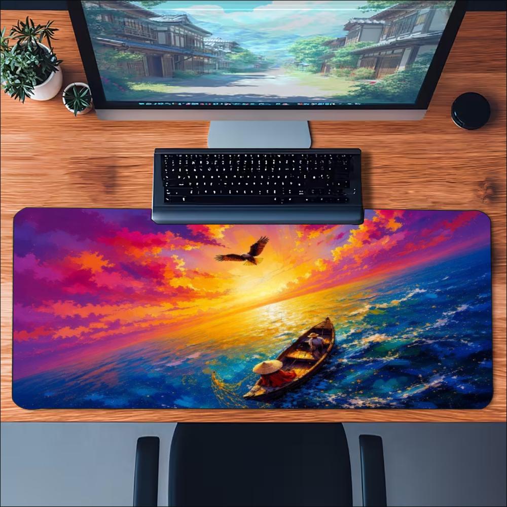 Vibrant Ocean Sunset Boat Scenery Art Large Gaming Mouse Pad Non Slip Rubber Desk Mat For Laptop Keyboard Home Office Desktop