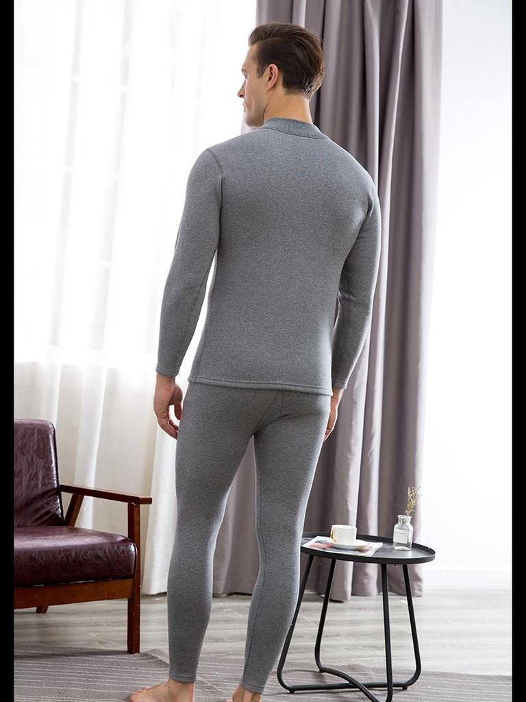 Men's Plus Velvet Thickened Thermal Underwear Set for Middle-aged and Elderly - High-collar Autumn Top and Pants