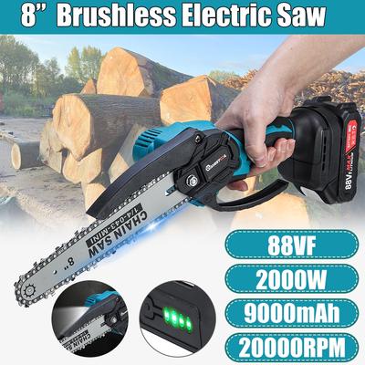 8” 88VF 2000W Brushless Mini Electric Chain Saw Speed Rechargeable Wood Brush Tool for 18V Lithium Battery