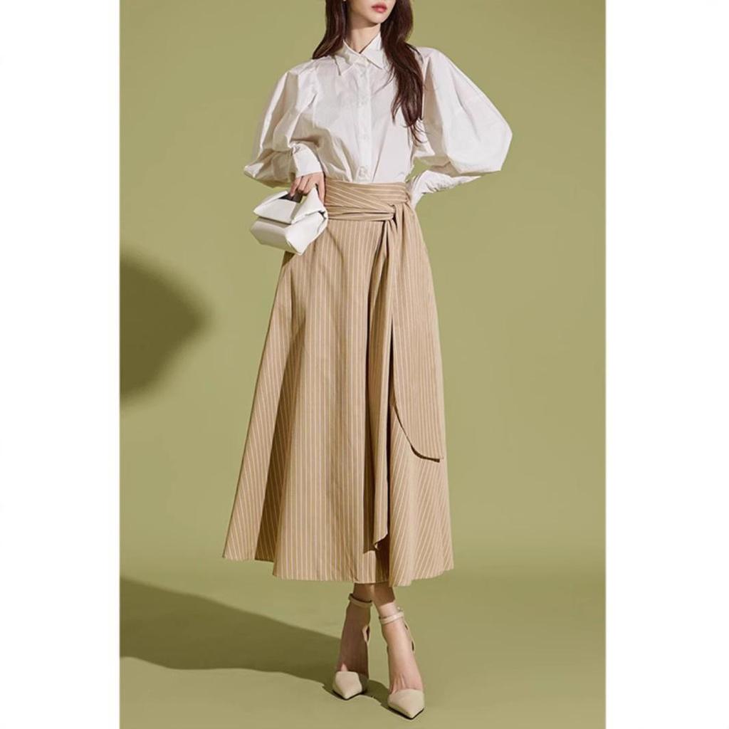 Women's Striped Irregular Midi Skirt, 2025 Spring/Autumn Collection, High Waist Tie A-Line.