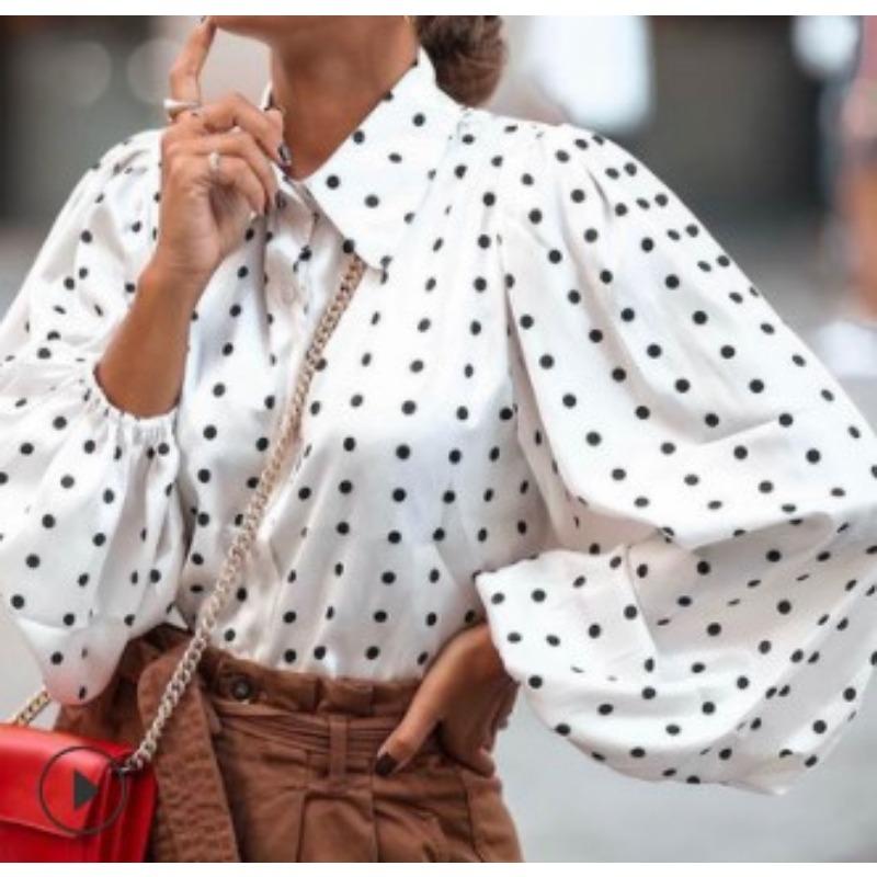 Women S Long Sleeve Loose Fit Polka Dot Lantern Sleeve Shirt