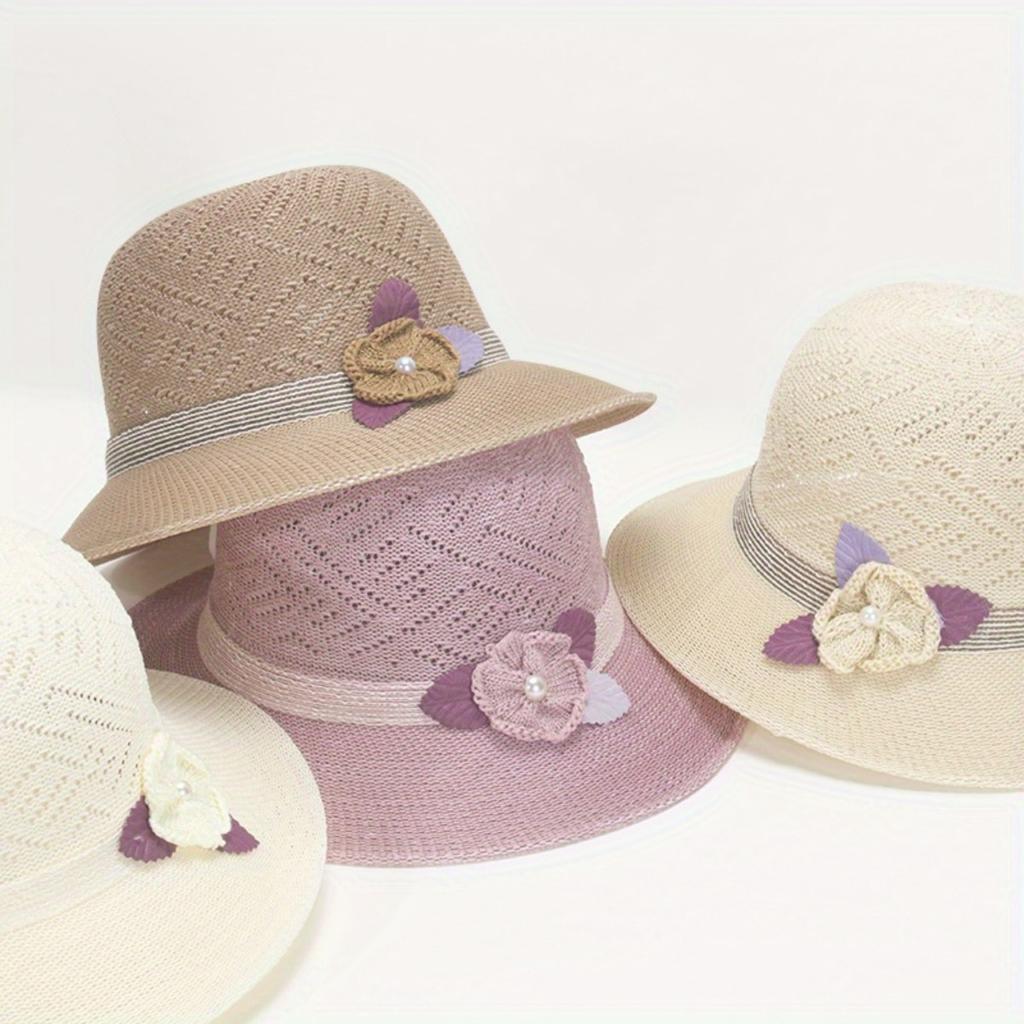 Fashion Fisherman Hat Summer Hollow Hat Ladies Flowers Pearl Basin Hat Travel Hat Wind Rope Hat