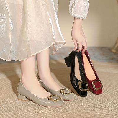 Low-heeled Single Shoes Femininity Comfortable Spring and Autumn New Patent Leather Square Head Grandma Shoes Red Thick Heel High Heels