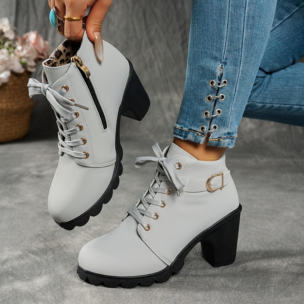 

Women S Mid-Heel Ankle Boots with Side Zipper - Comfortable Faux Cover, Decorative Buckle Design, All-Season Versatile Casual Shoes for Casual Attire 42 серый