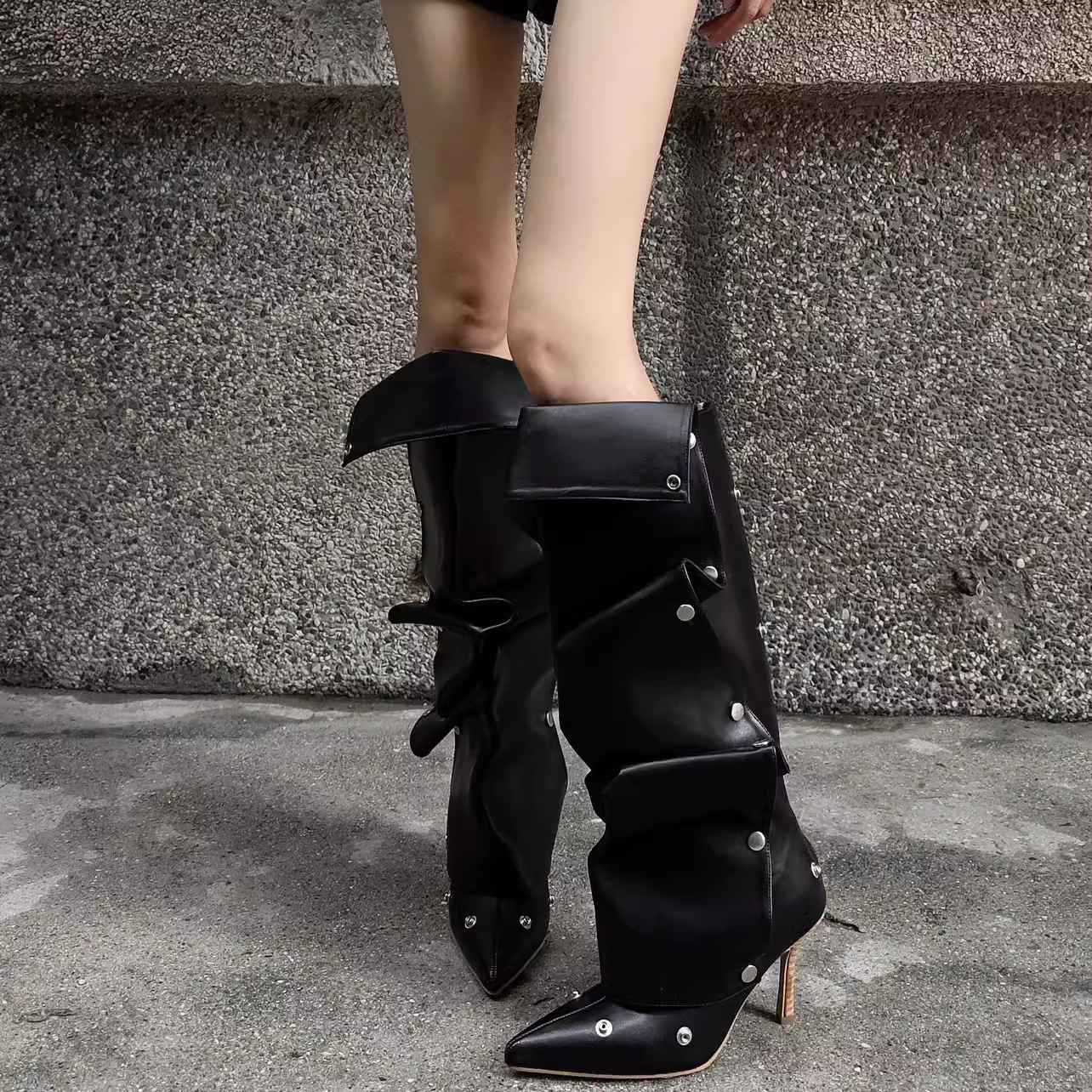 

Button splicing two-wear stacking boots spring and summer new Spice Girl high-heeled fashion boots women s pointed thin heel boots 43